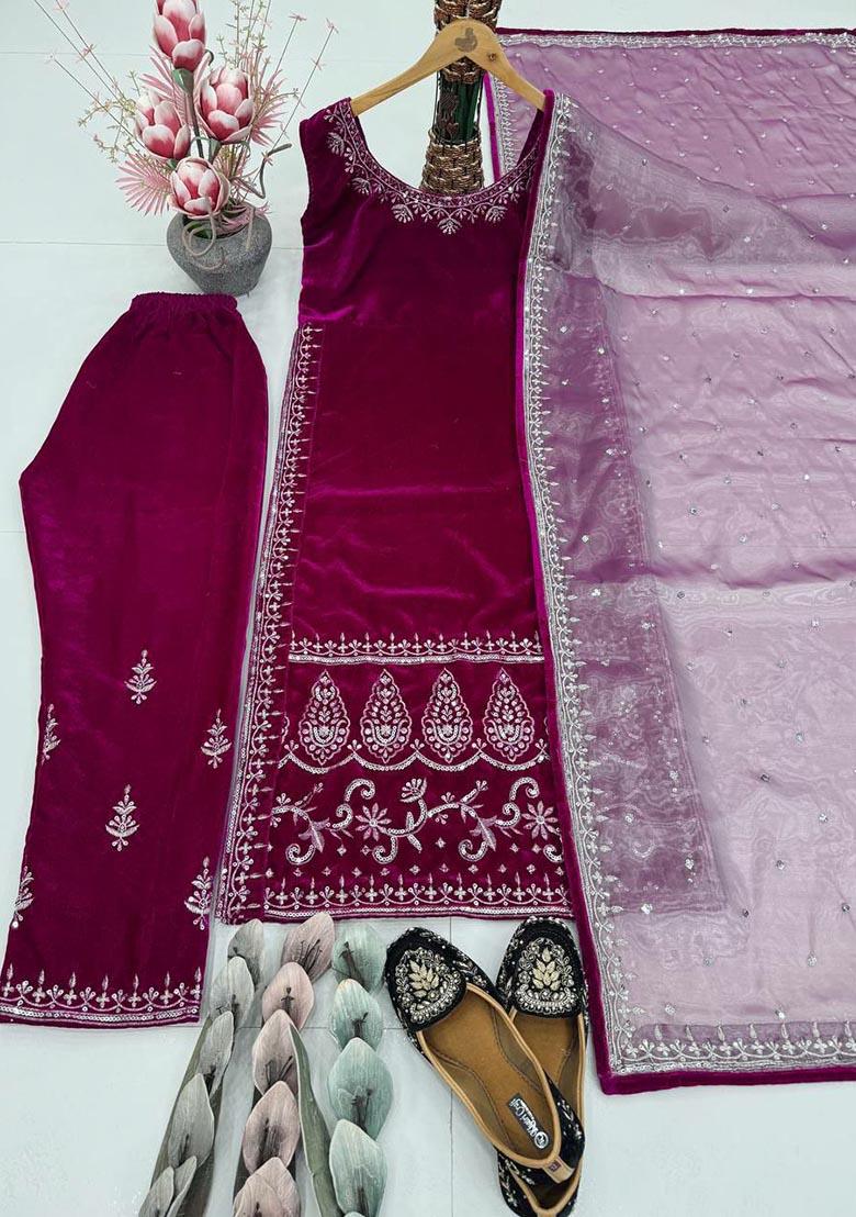 Purple Embroidery Viscose Velvet Salwar Kameez - Indya