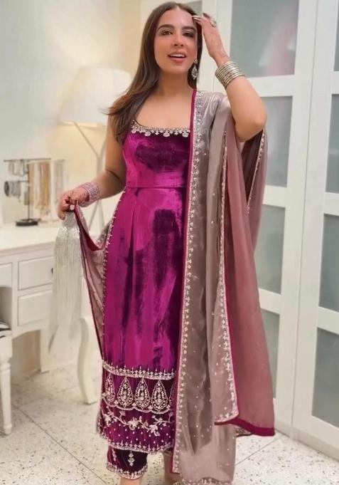Purple Embroidery Viscose Velvet Salwar Kameez