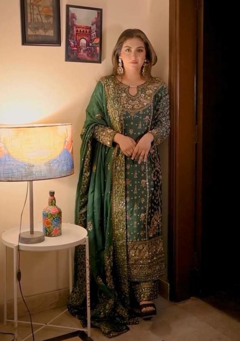 Green Embroidery Georgette Salwar Kameez - Indya
