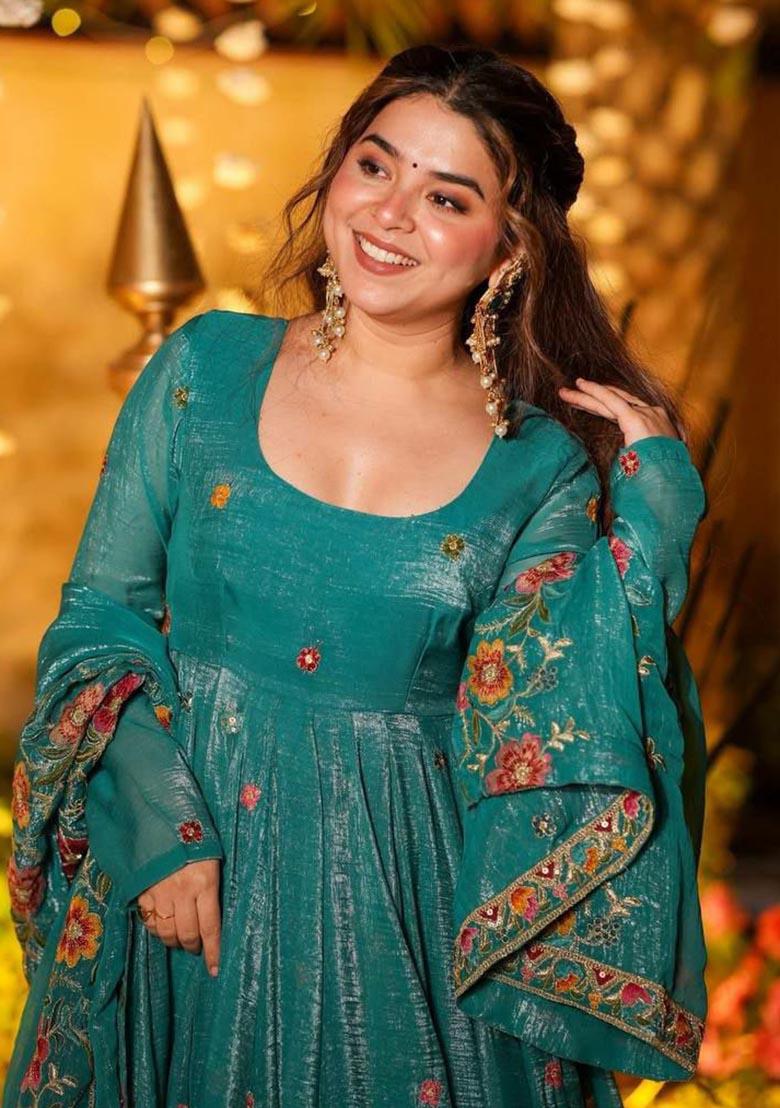 Blue Embroidery Silk Salwar Kameez - Indya