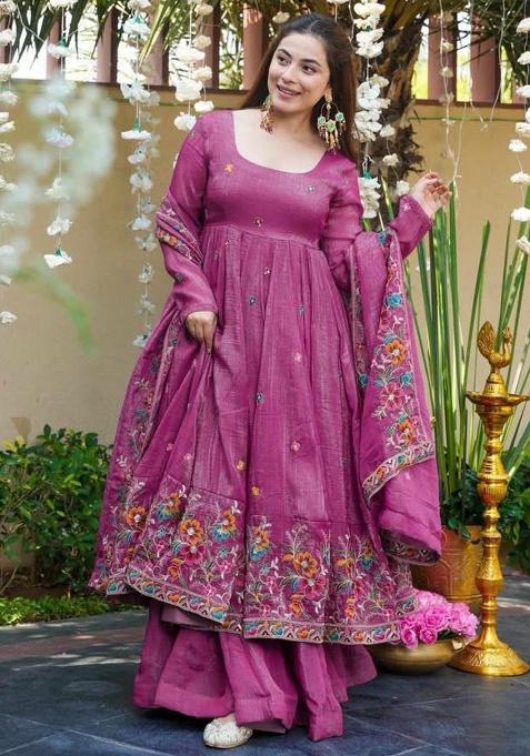 Purple Embroidery Silk Salwar Kameez