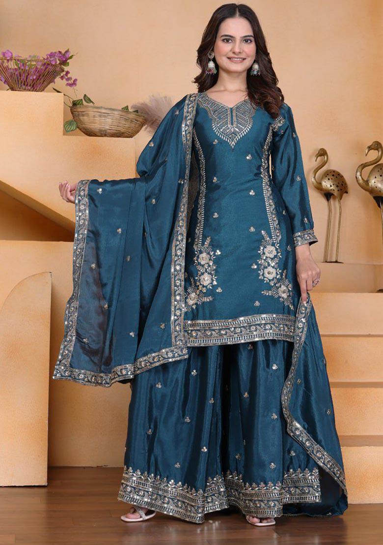 Blue Embroidery Chinon Salwar Kameez - Indya