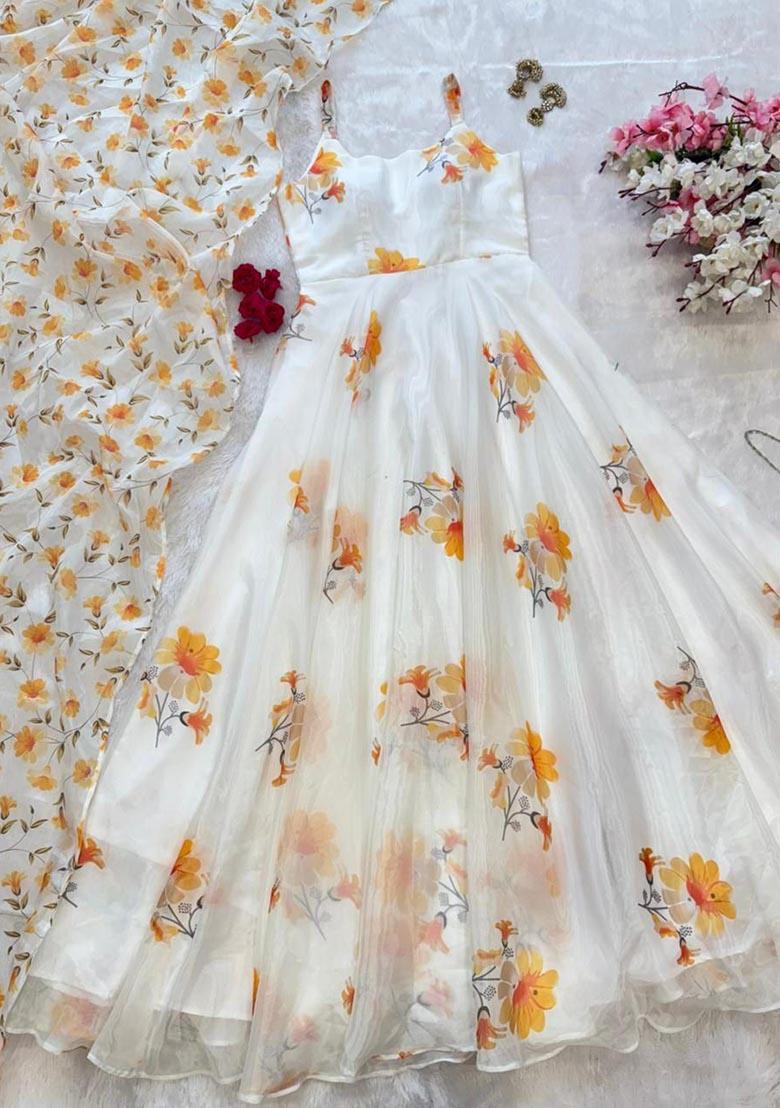 White Embroidery Silk Salwar Kameez - Indya