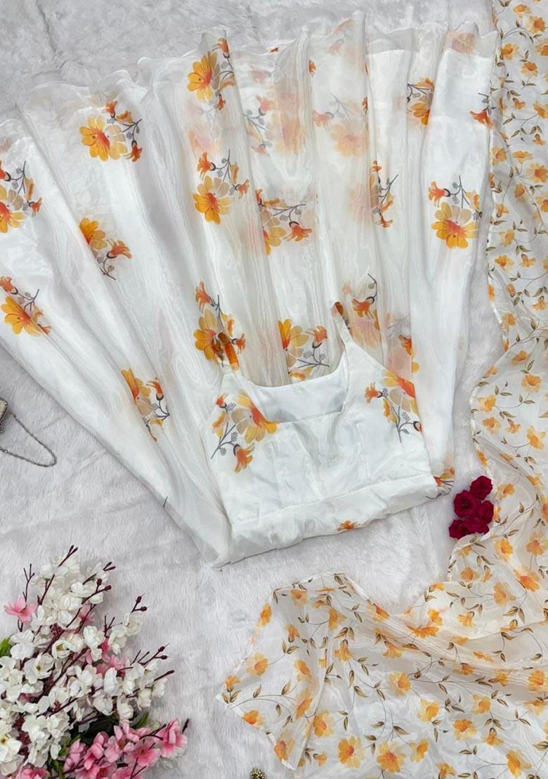 White Embroidery Silk Salwar Kameez - Indya