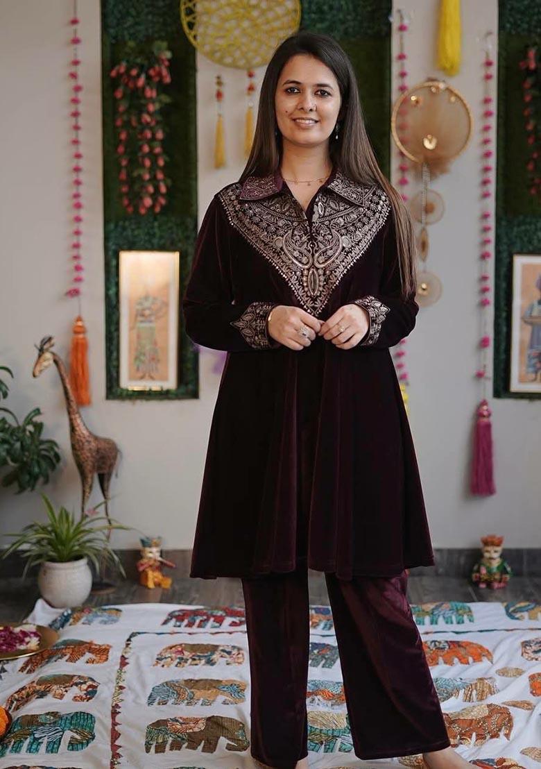 Purple Embroidery Velvet Salwar Kameez - Indya