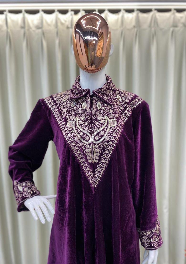 Purple Embroidery Velvet Salwar Kameez - Indya
