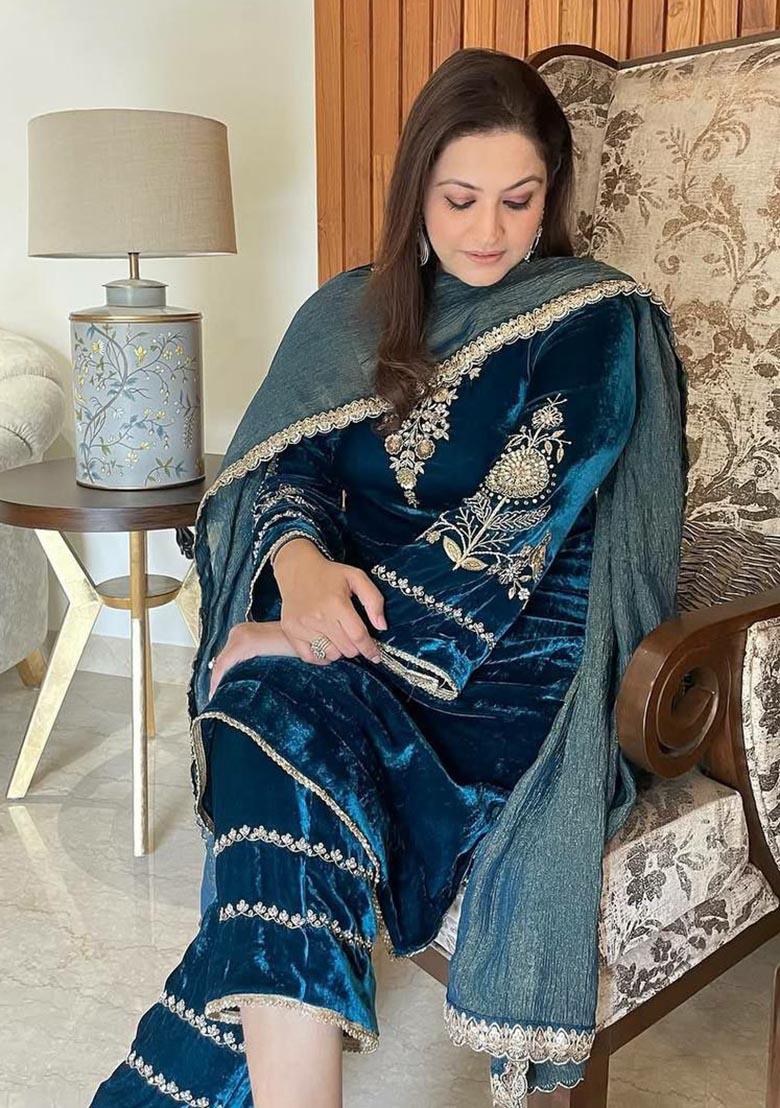 Blue Embroidery Velvet Salwar Kameez - Indya