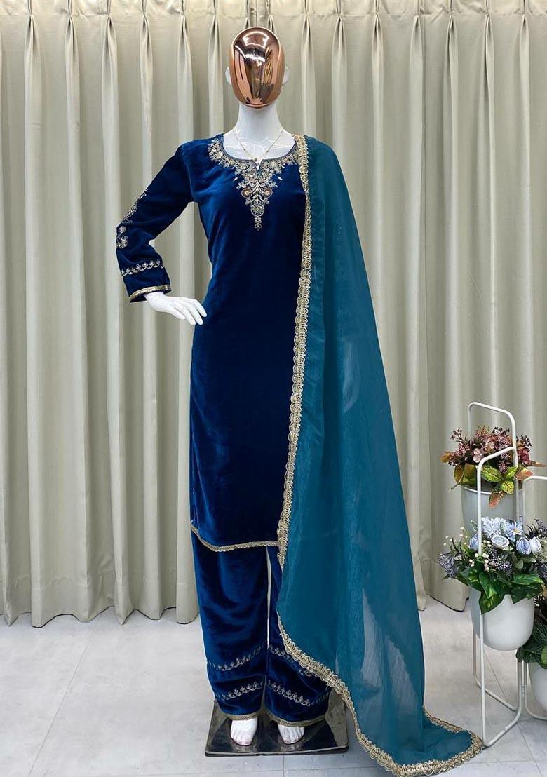 Blue Embroidery Velvet Salwar Kameez - Indya