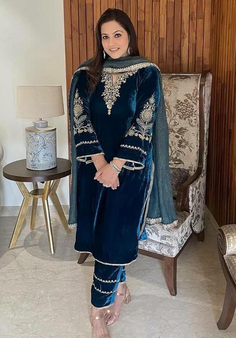 Blue Embroidery Velvet Salwar Kameez