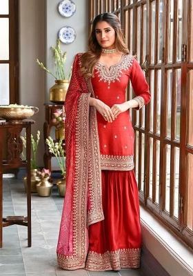 Red Embroidery Silk Salwar Kameez