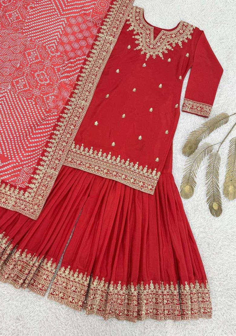 Red Embroidery Silk Salwar Kameez - Indya