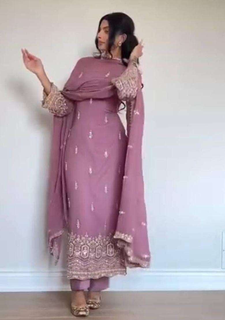 Purple Embroidered Georgette Pakistani Suit Set - Indya