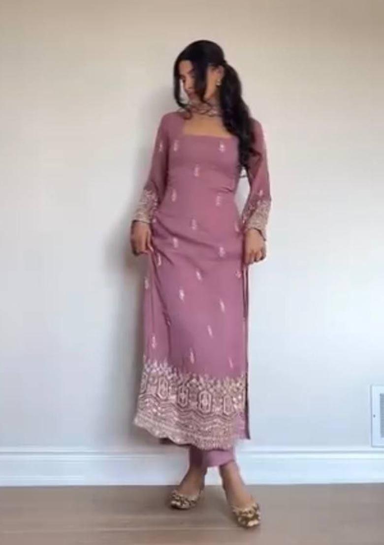 Purple Embroidery Georgette Salwar Kameez - Indya