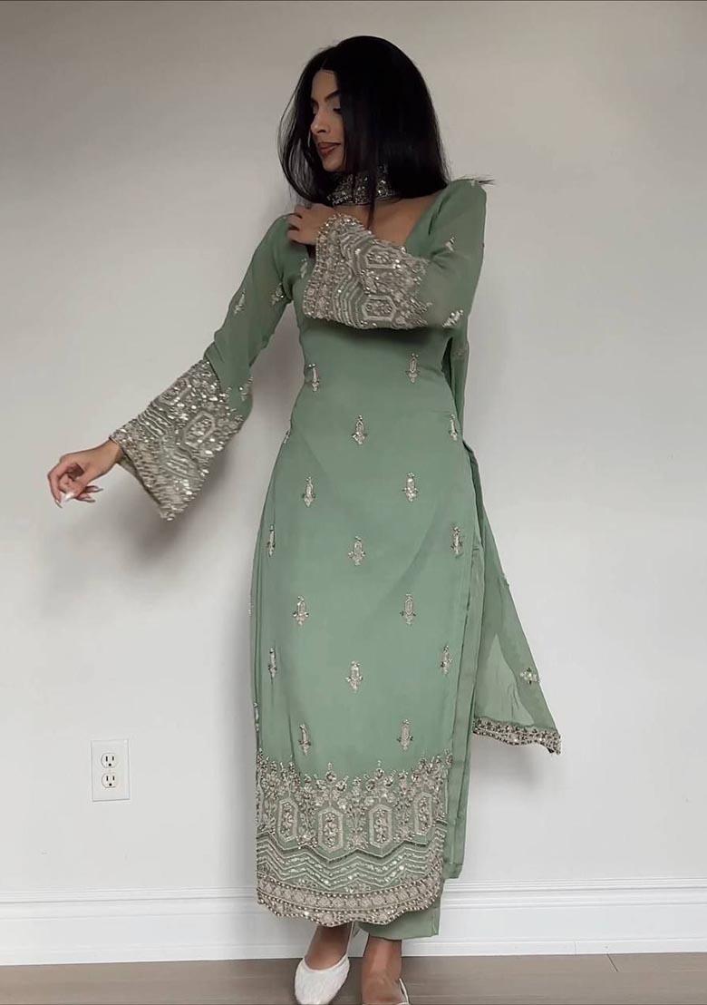 Green Embroidery Georgette Salwar Kameez - Indya