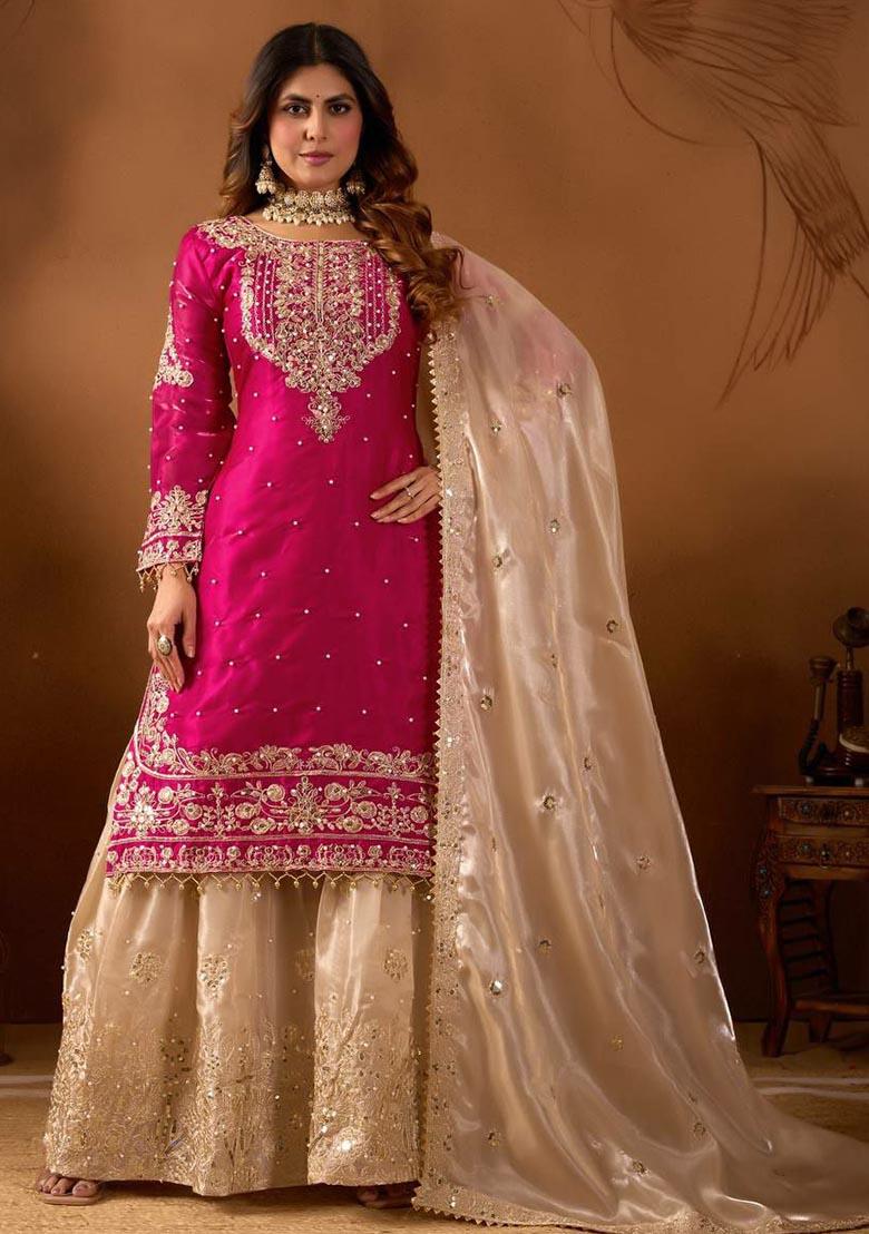 Pink Embroidery Silk Salwar Kameez - Indya