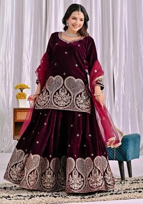 Purple Embroidery Viscose Velvet Salwar Kameez