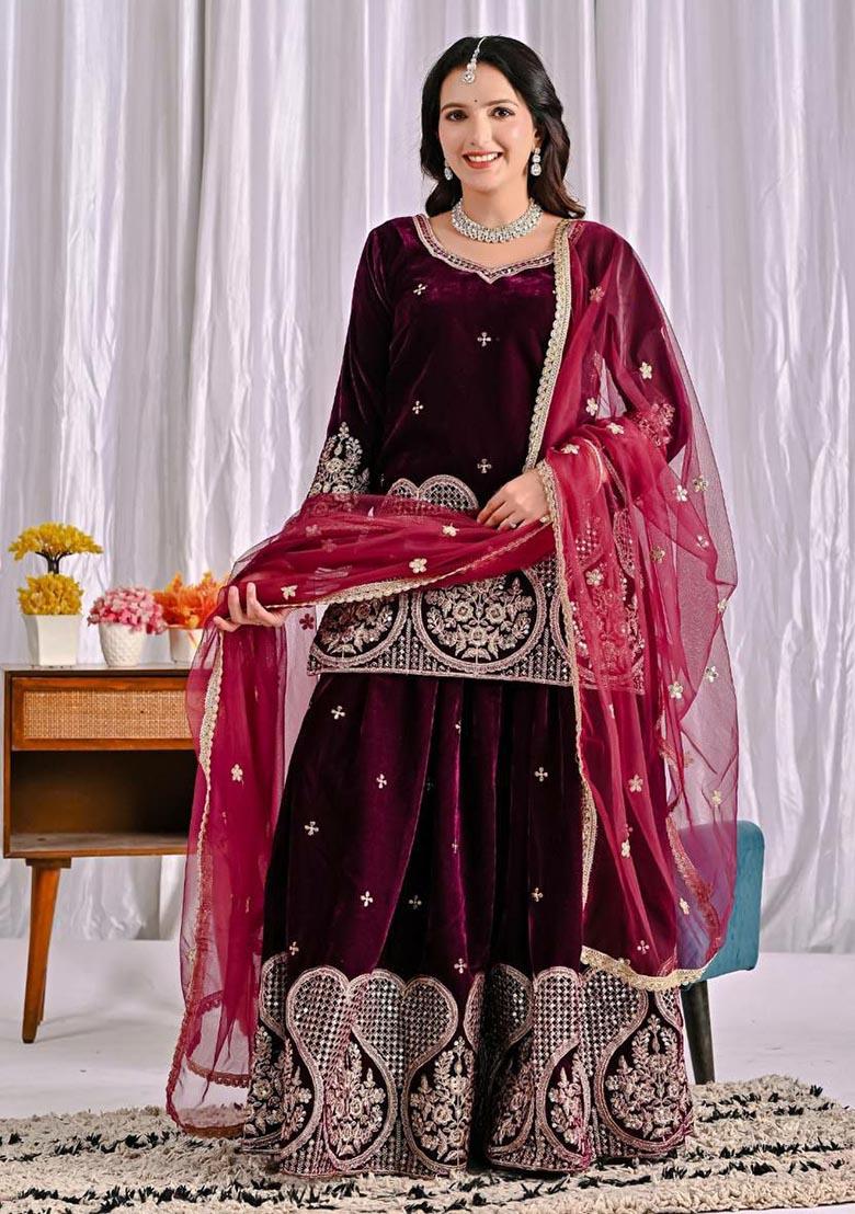 Purple Embroidery Viscose Velvet Salwar Kameez - Indya
