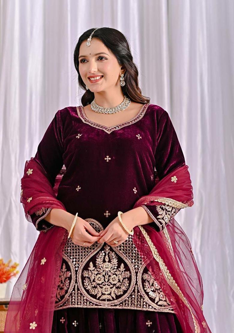 Purple Embroidery Viscose Velvet Salwar Kameez - Indya