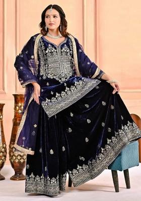 Dark Blue Embroidery Velvet Salwar Kameez