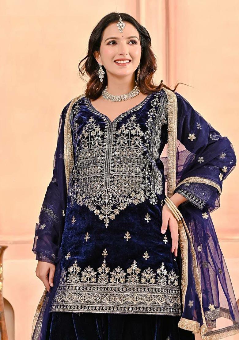 Dark Blue Embroidery Velvet Salwar Kameez - Indya