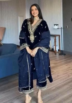 Dark Blue Embroidery Velvet Salwar Kameez