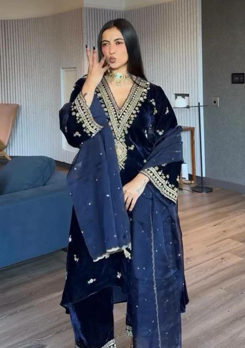 Dark Blue Embroidery Velvet Salwar Kameez - Indya