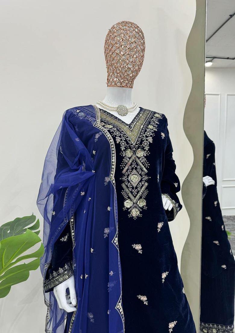 Dark Blue Embroidery Velvet Salwar Kameez - Indya