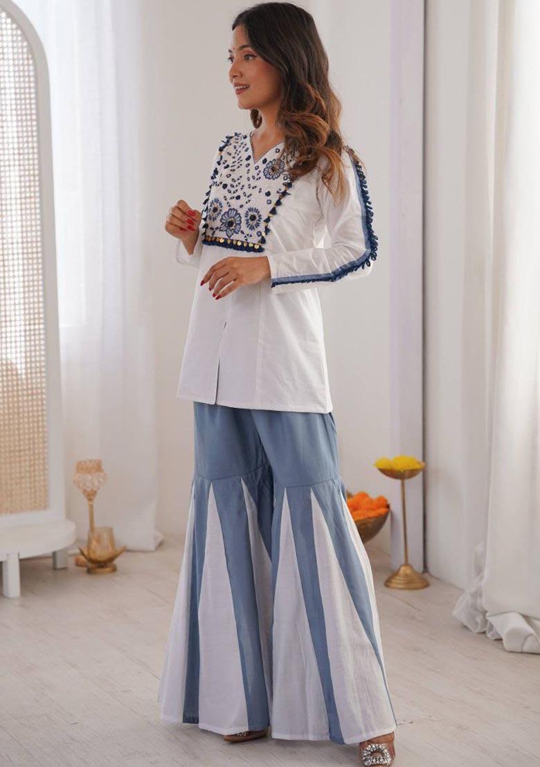 White Embroidery Silk Salwar Kameez - Indya