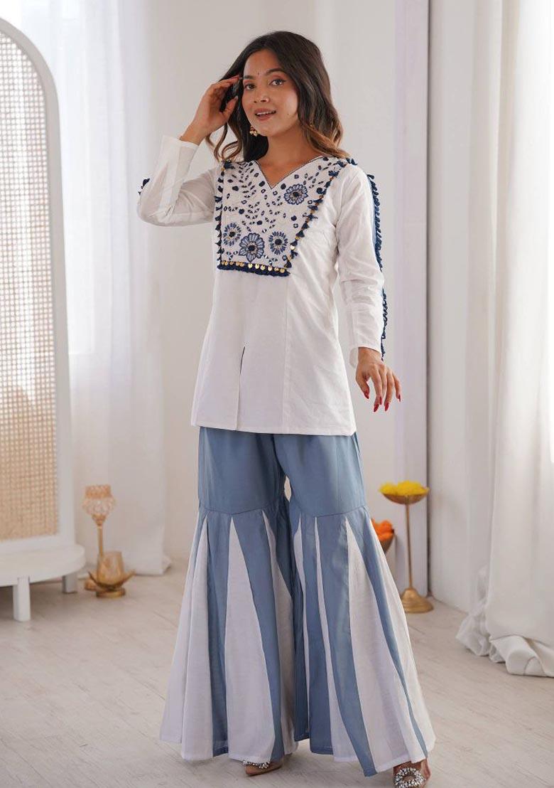 White Embroidery Silk Salwar Kameez - Indya