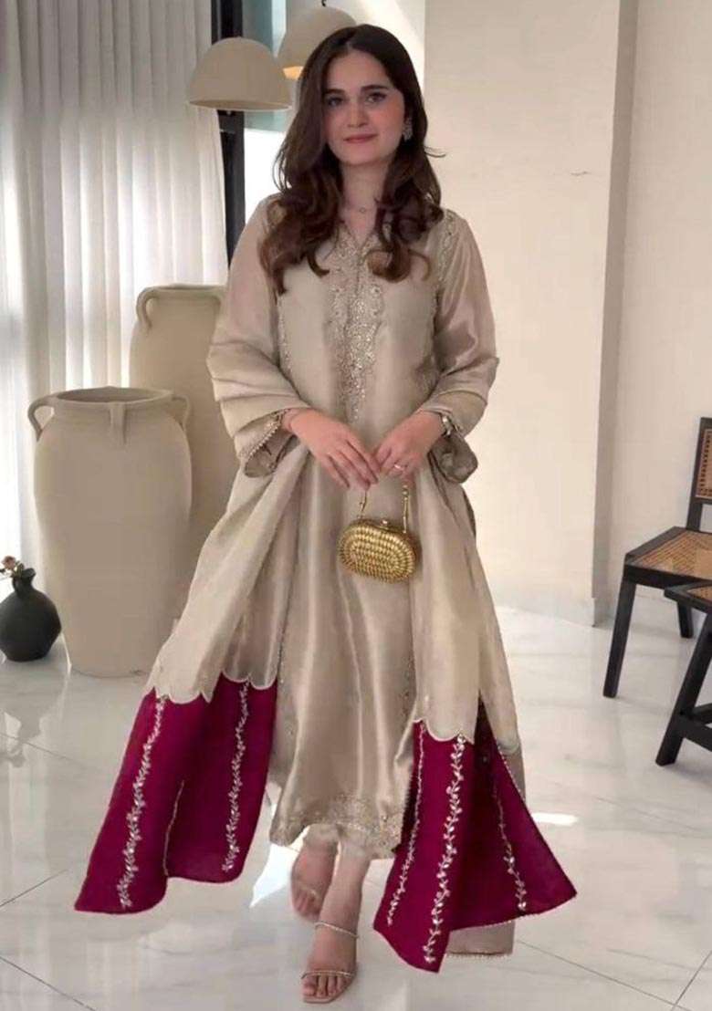 Brown Embroidered Georgette A-Line Kurta Set - Indya