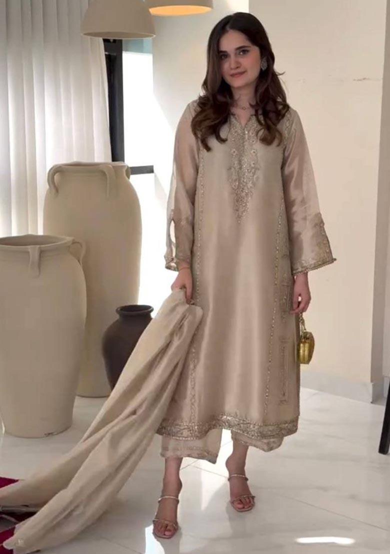 Brown Embroidery Pur Jimmy Choo Salwar Kameez - Indya