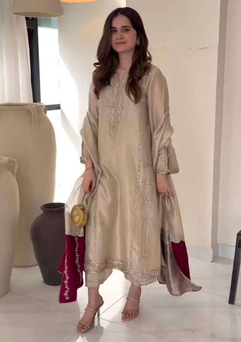 Brown Embroidered Georgette A-Line Kurta Set - Indya