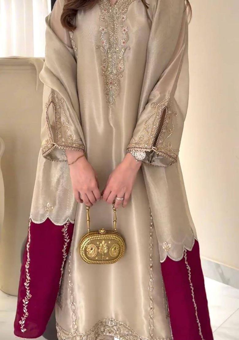 Brown Embroidery Pur Jimmy Choo Salwar Kameez - Indya