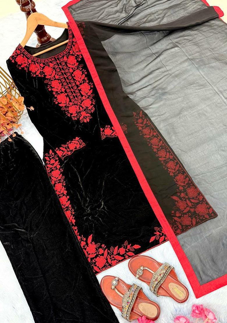Black Embroidery Viscose Velvet Salwar Kameez - Indya