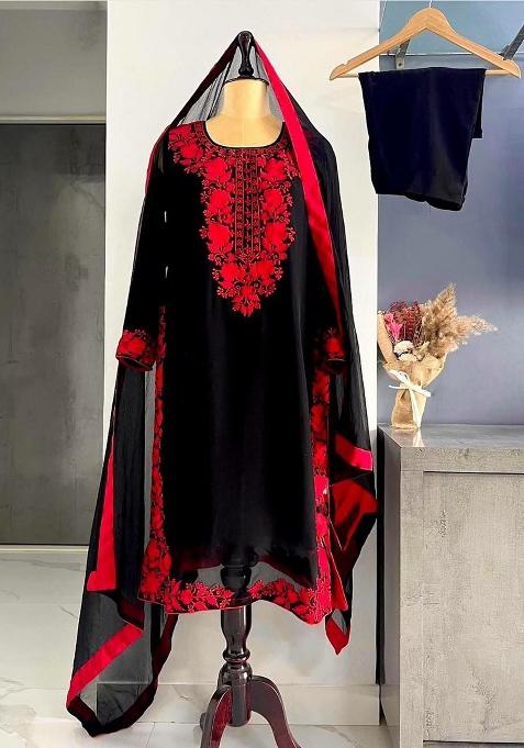 Black Embroidery Viscose Velvet Salwar Kameez