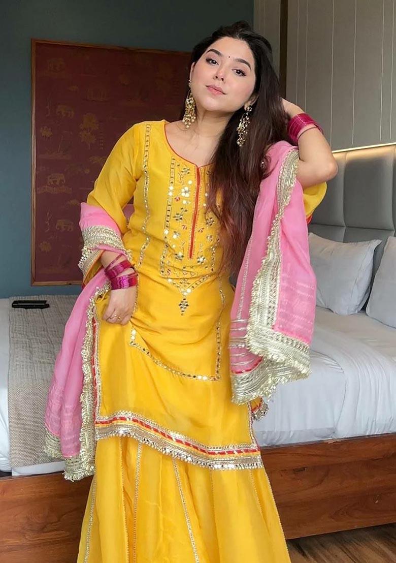 Yellow Embroidery Silk Salwar Kameez - Indya
