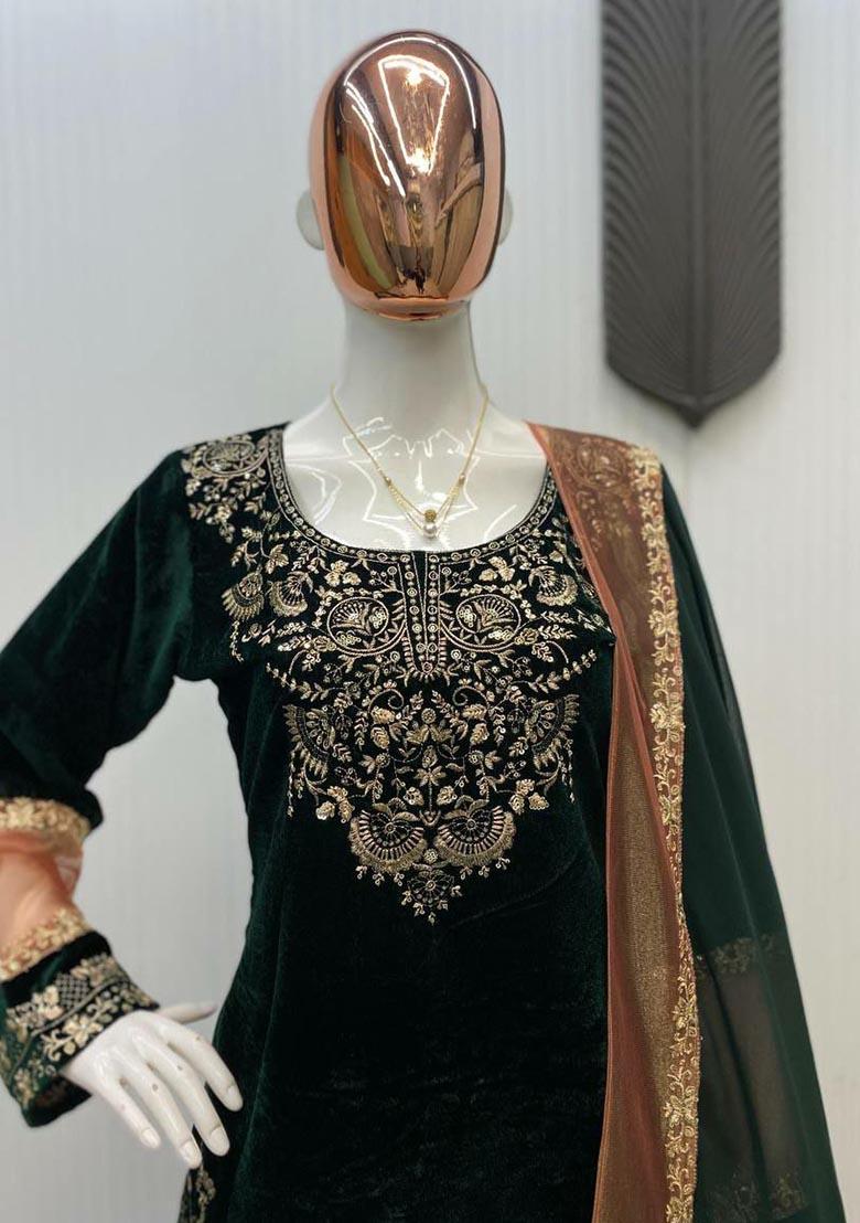 Green Embroidery Velvet Salwar Kameez - Indya