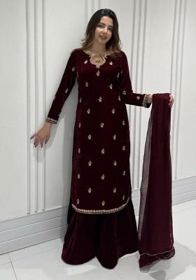 Maroon Embroidery Velvet Salwar Kameez