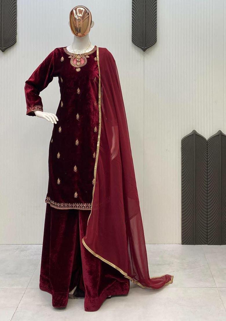 Maroon Embroidery Velvet Salwar Kameez - Indya