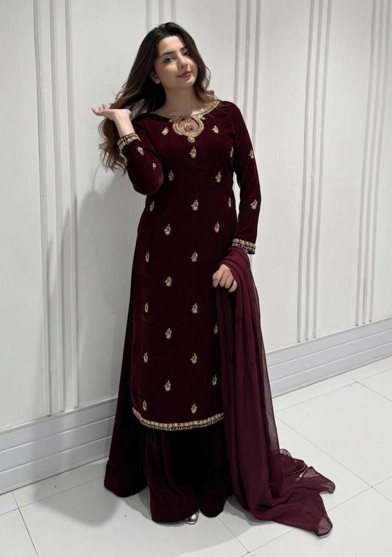 Maroon Embroidery Velvet Salwar Kameez - Indya
