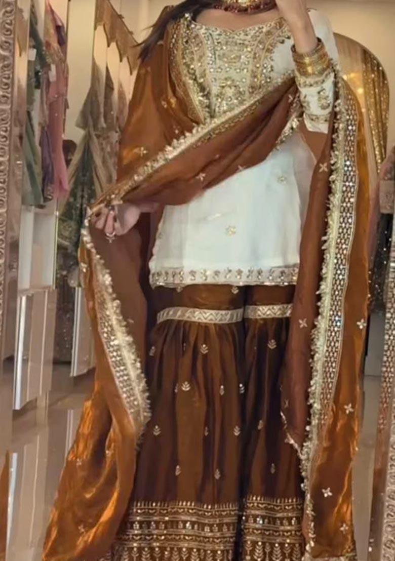 White Embroidery Silk Salwar Kameez - Indya