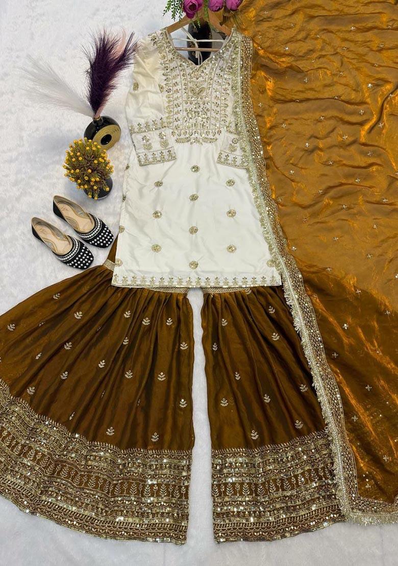 White Embroidery Silk Salwar Kameez - Indya