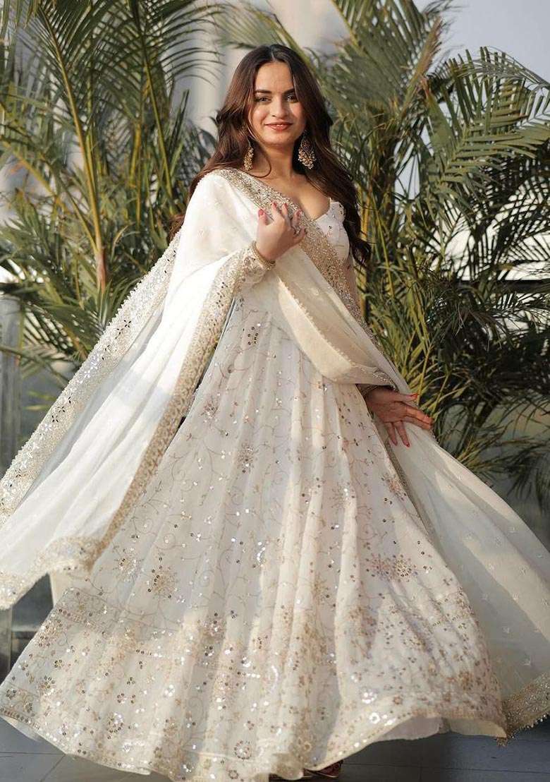 White Embroidered Georgette Anarkali Set - Indya
