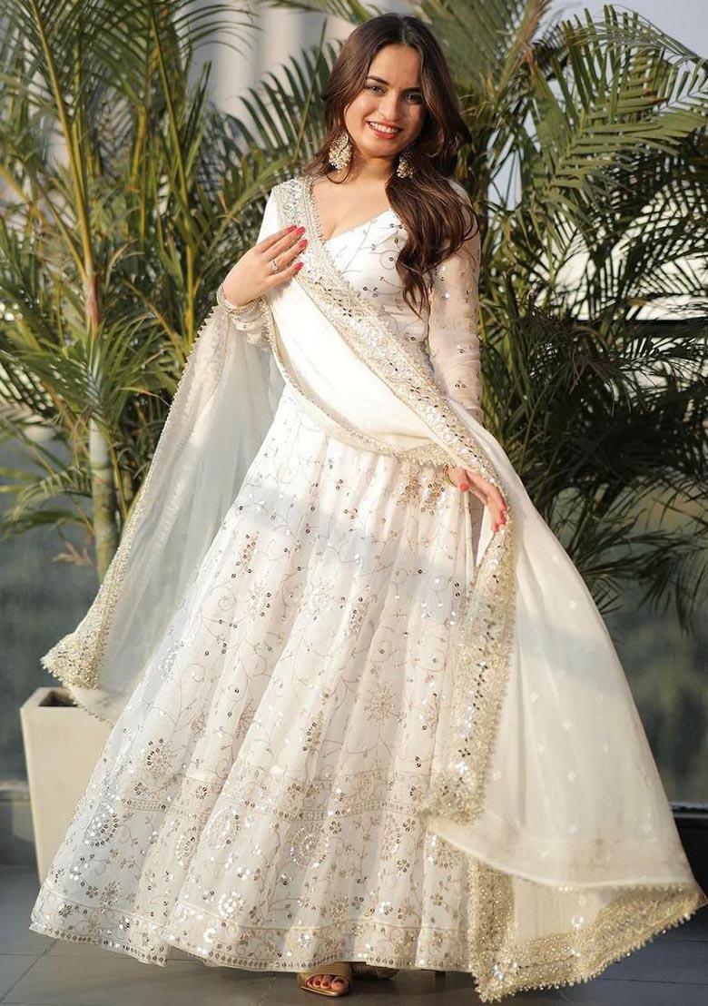 White Embroidery Georgette Salwar Kameez - Indya
