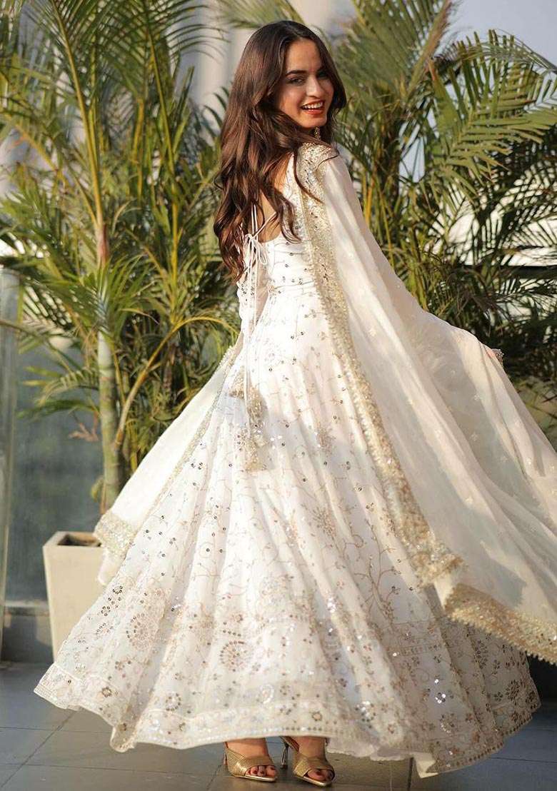 White Embroidered Georgette Anarkali Set - Indya