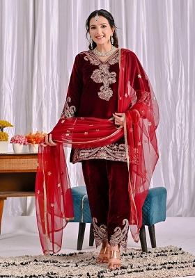 Maroon Embroidery Viscose Velvet Salwar Kameez