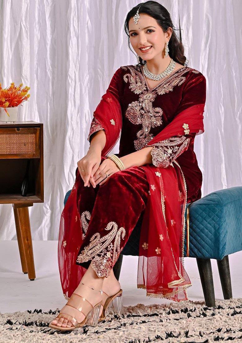 Maroon Embroidery Viscose Velvet Salwar Kameez - Indya