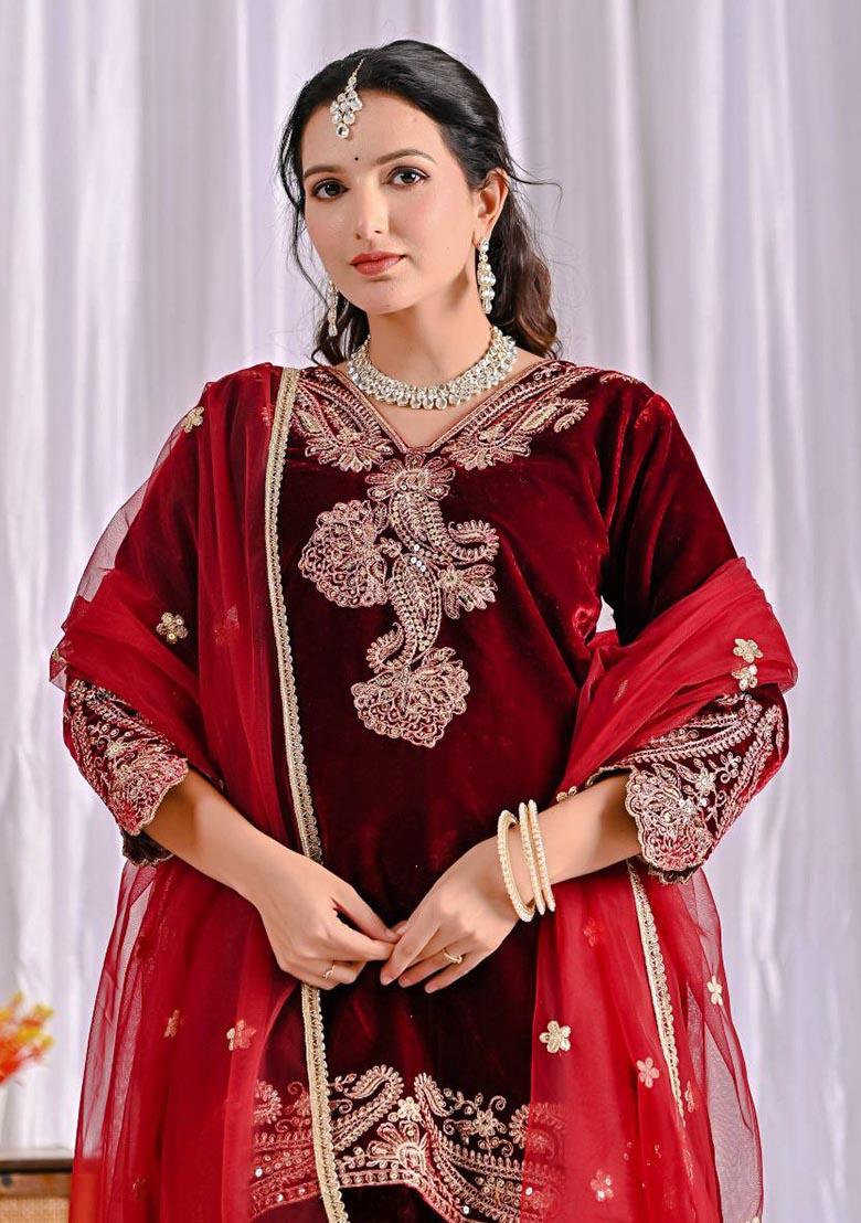 Maroon Embroidery Viscose Velvet Salwar Kameez - Indya