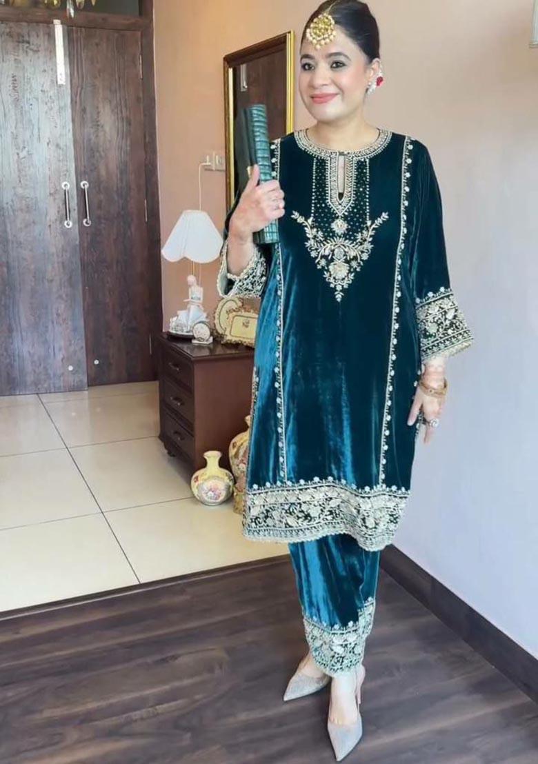 Blue Embroidery Velvet Salwar Kameez - Indya