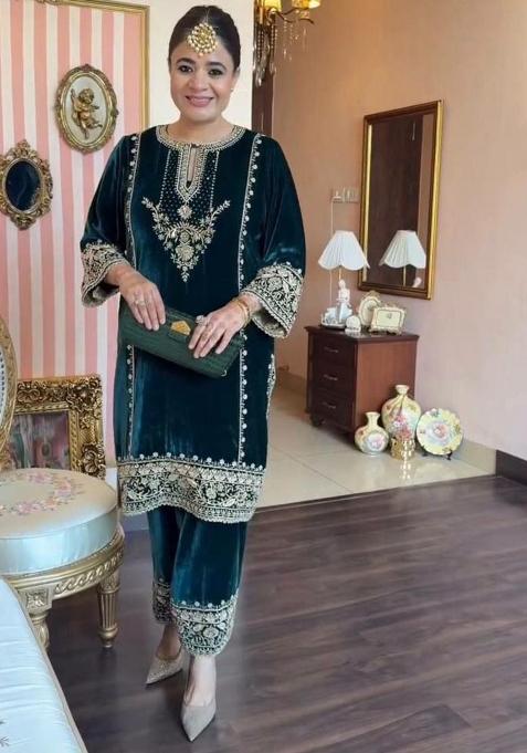 Blue Embroidery Velvet Salwar Kameez